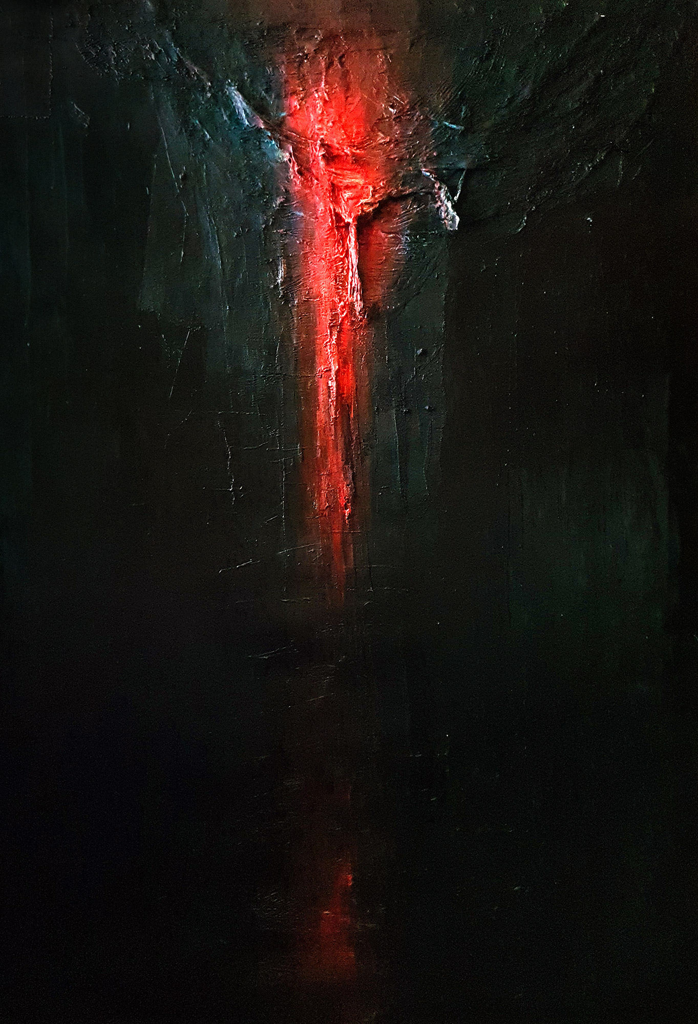 Bluttlicht A painting titled "Bluttlicht," a powerfully dramatic mixed-media work by Massimo Cravich