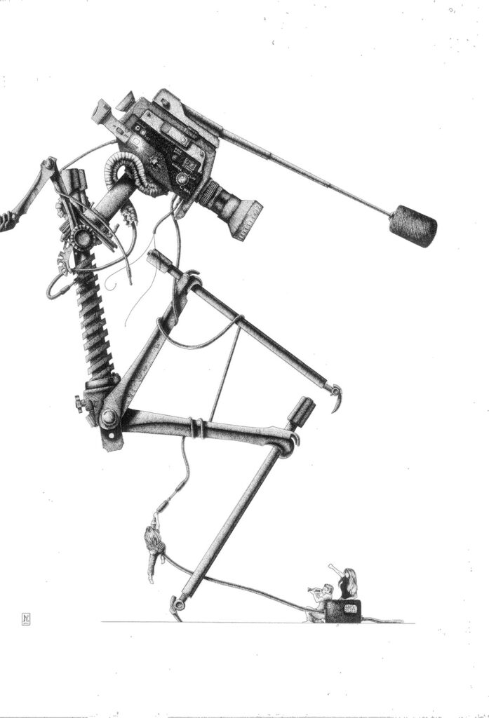 Camera Fictional image of a humanoid robot with a camera fighting humans.