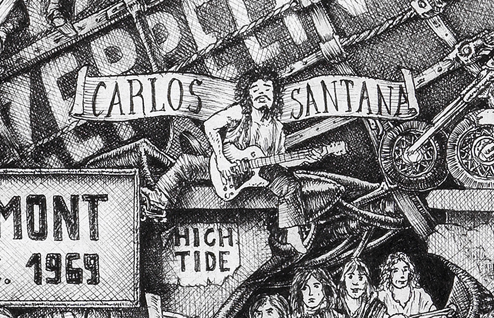 Carlos Santana playing guitar on the top of a building from The great Rock and Roll History