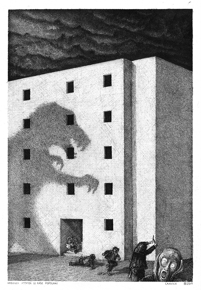 Humorous drawing by Massimo Cravich of a dinosaur attacking public housing