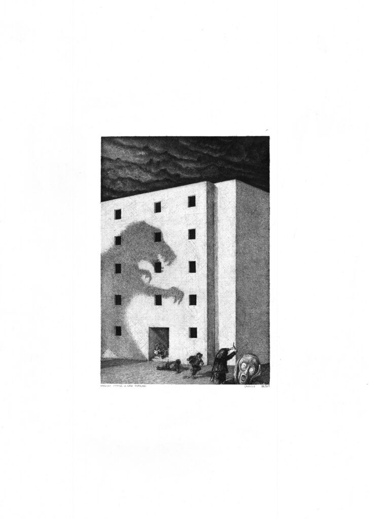 Humorous drawing by Massimo Cravich of a dinosaur attacking public housing