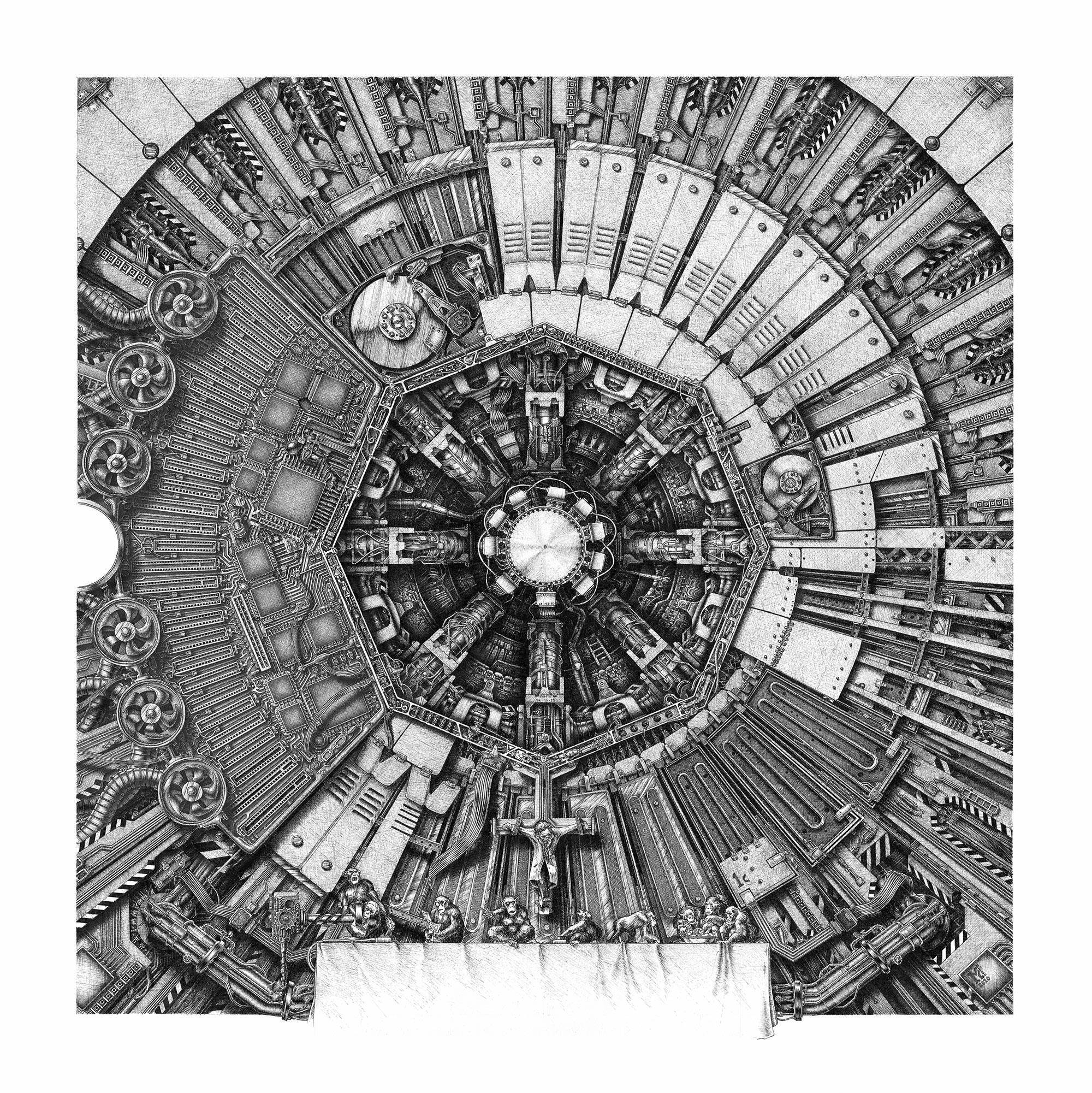 Ink drawing on cardboard entitled LHC with a strong allegorical meaning