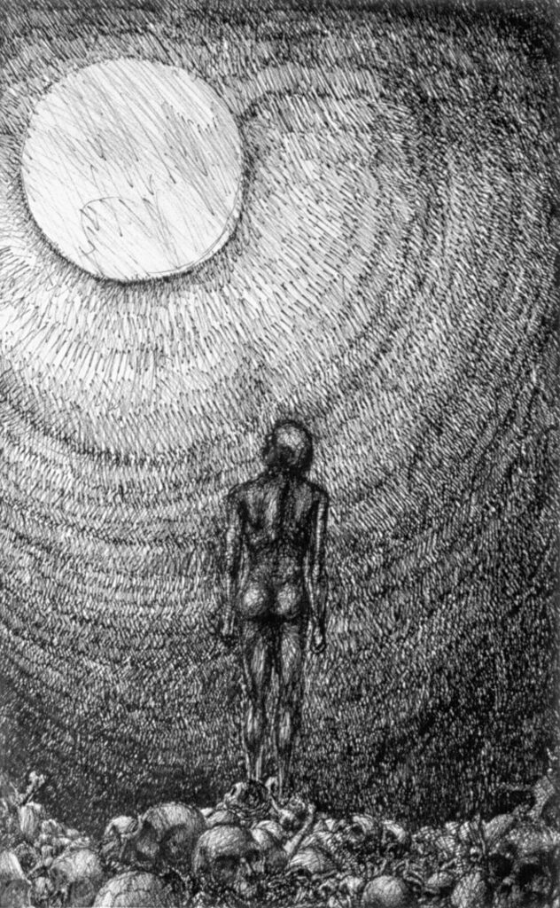 This pen drawing titled "La Luna" by Massimo Cravich is inspired by a poem by Giacomo Leopardi.