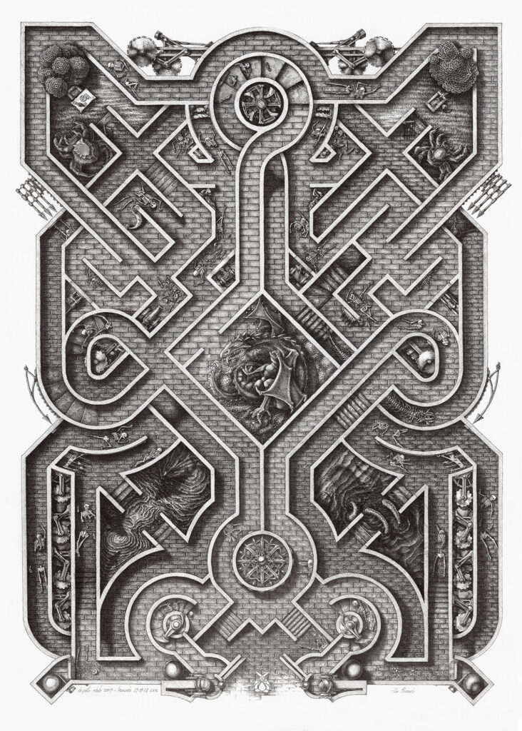 An ink work titled "Labyrinth 2" with a Celtic-style design and fantasy figures inserted into the drawing.