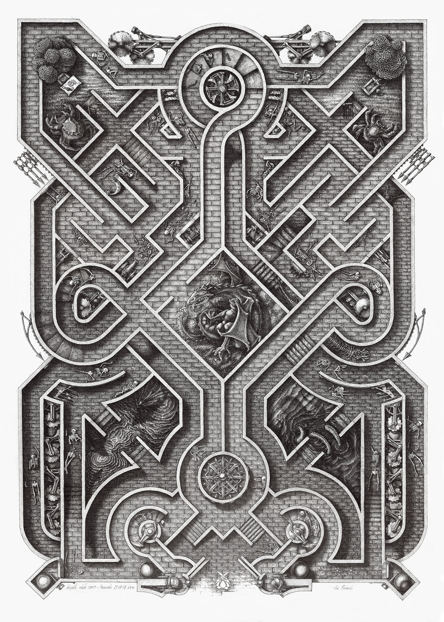 An ink work titled "Labyrinth 2" with a Celtic-style design and fantasy figures inserted into the drawing.