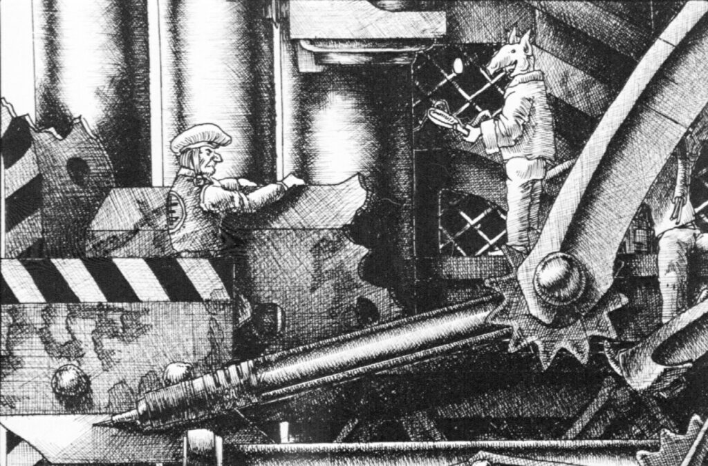 Humanoid figures among industrial elements in the ink drawing titled "Mechanism 3"