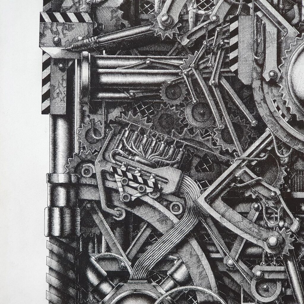 Ingrandimento di un particolare tratto da "Meccanismo 3" disegno a china dell'artista italiano Massimo Cravich