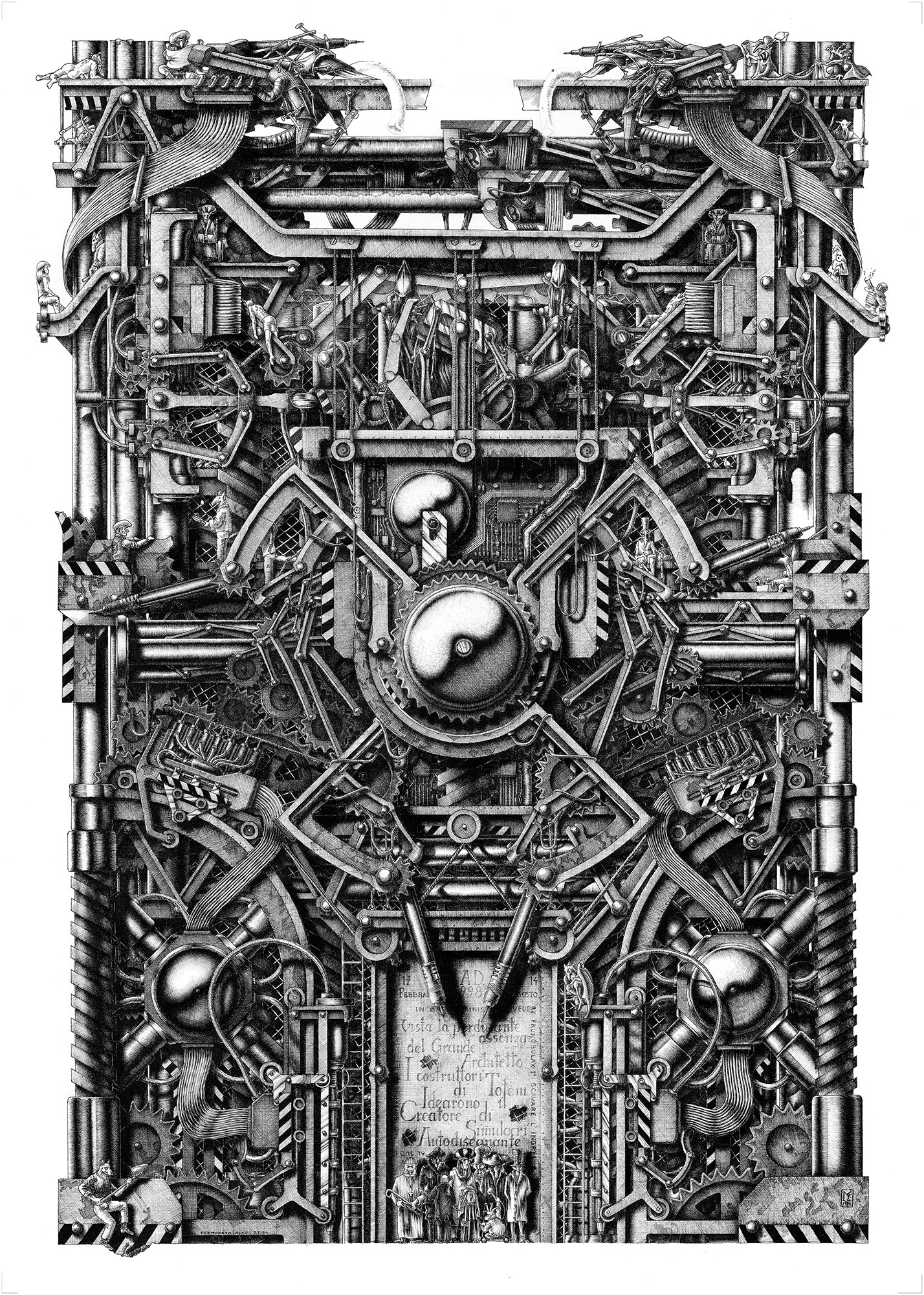 Ink drawing on cardboard titled "Mechanism 3" by the Italian artist Massimo Cravich