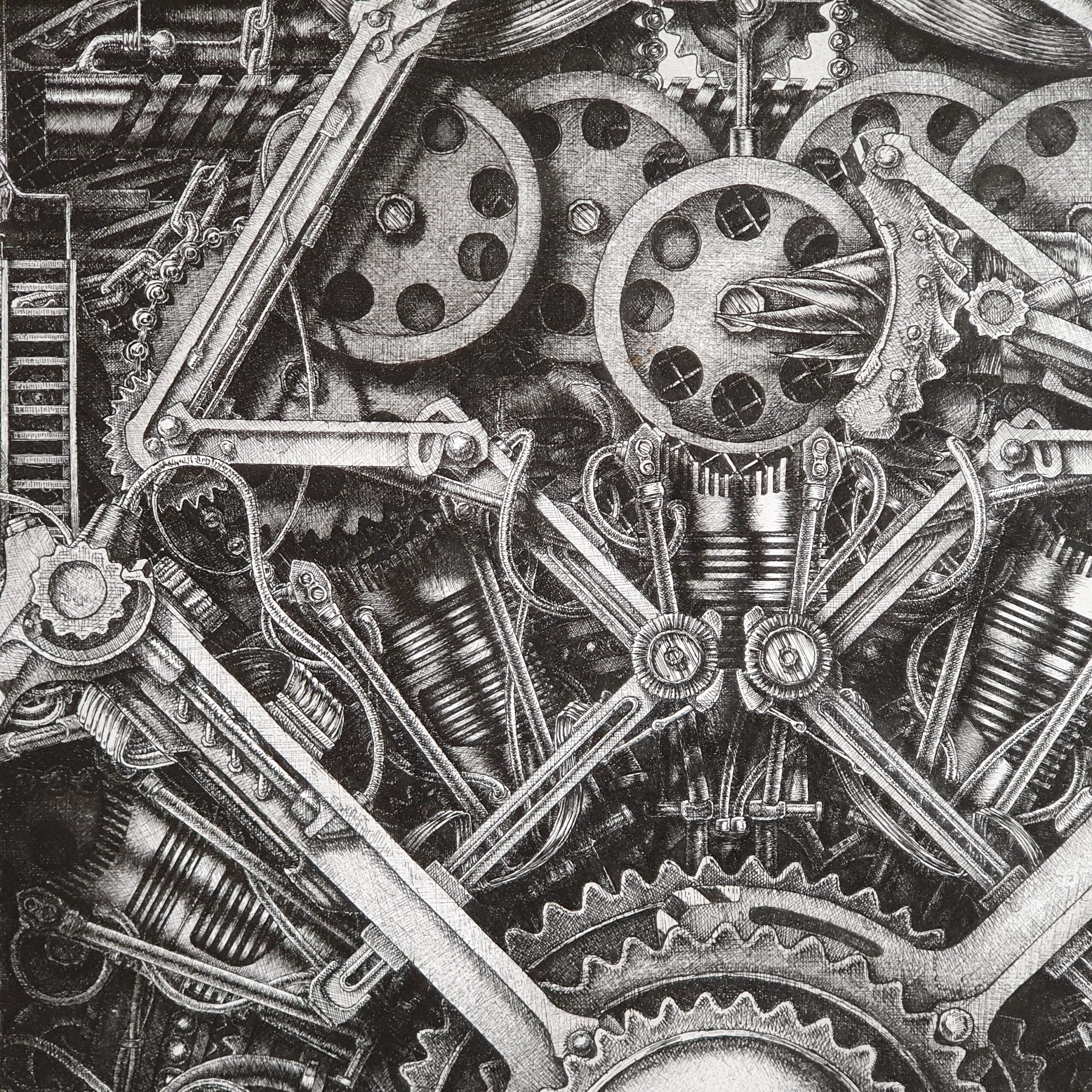 Cogwheels and other industrial elements in the drawing "Mechanism 5" by Massimo Cravich