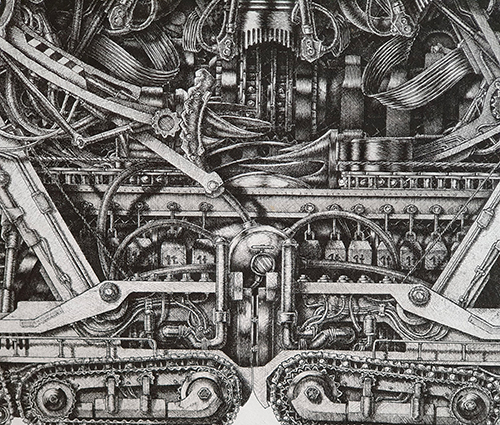 Tracked vehicles drawn among mechanical structures in the drawing "Mechanism 4"