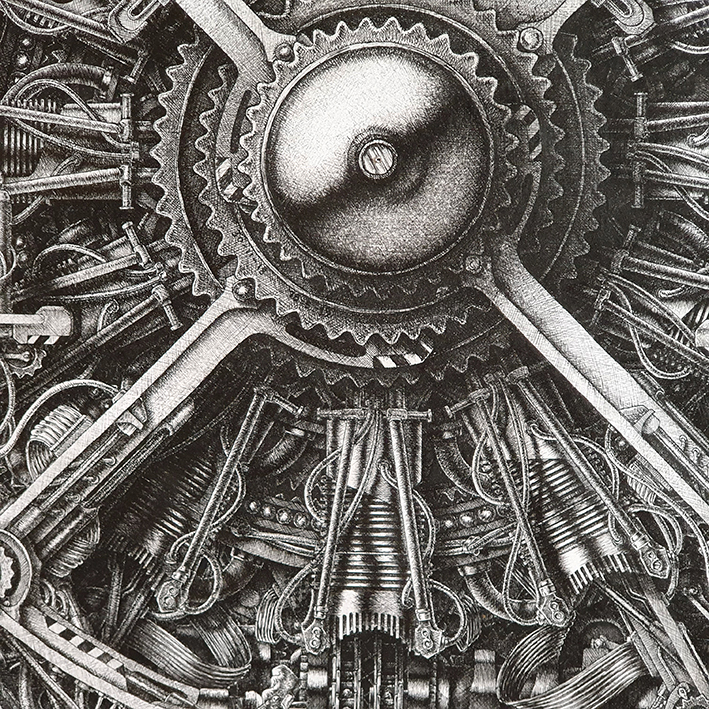 Complex mechanical structure drawn in the central part of the drawing "Mechanism 5" in ink on cardboard