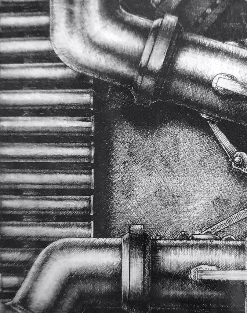 Light effects on metal surfaces drawn in ink in the drawing "Mechanism 4" by Massimo Cravich.