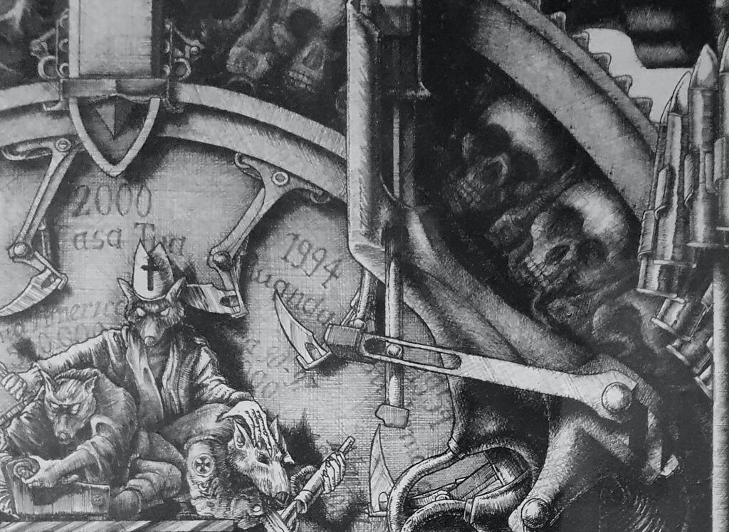 Human figures and skeletons inserted for allegorical purposes in the drawing "Mechanism 4"