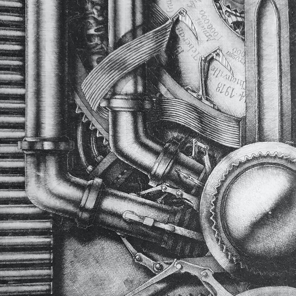 Mechanical elements from the ink drawing "Mechanism 4," part of a series known as "Totem Builders"