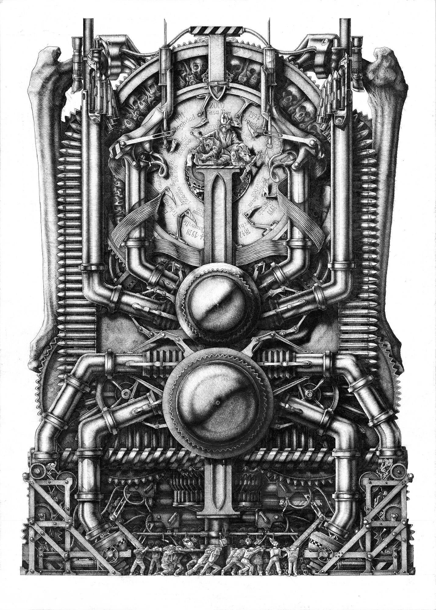 Elaborate ink drawing on cardboard titled "Mechanism 4" by the Italian artist Massimo Cravich