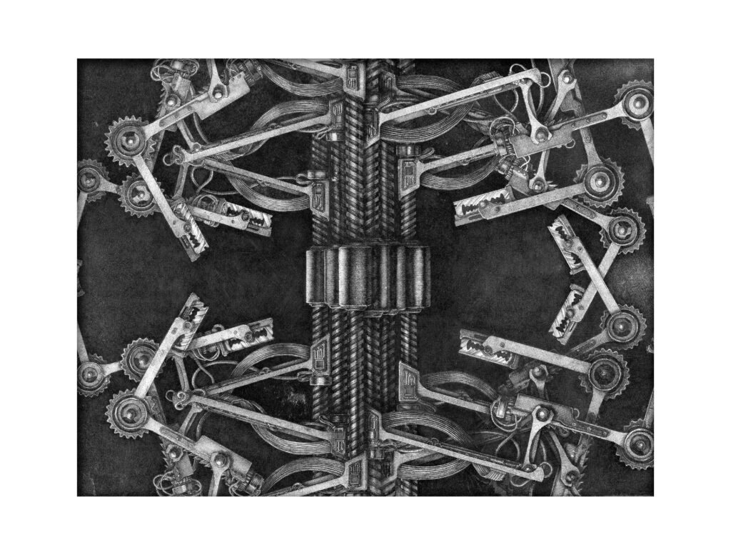 Drawing with cutting tools and mechanical elements titled "Merry Go Round," an ink work by Massimo Cravich.