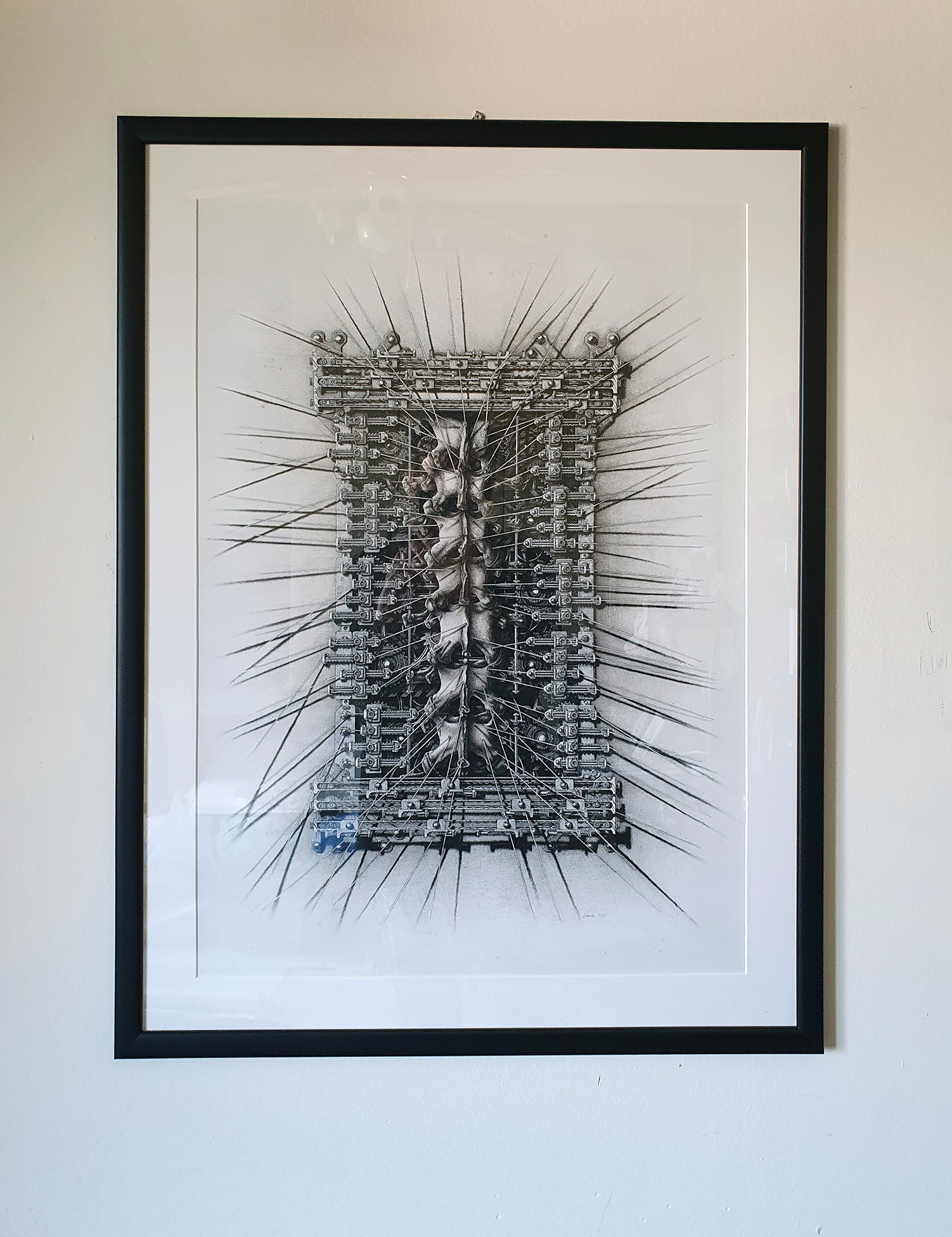 A framed picture of the ink artwork Surgical Reliquary number one framed and hanged on a wall