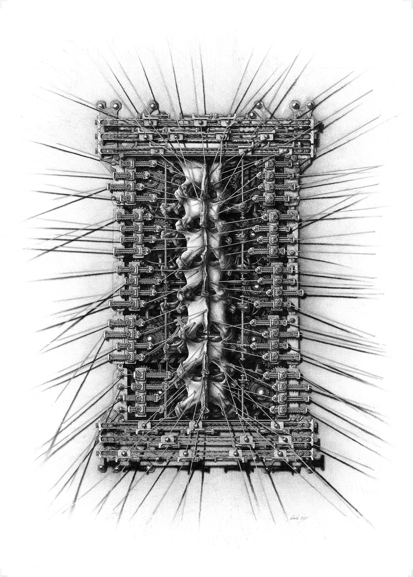 Surgical Reliquary 1, ink on cardboard artwork by Massimo Cravich.