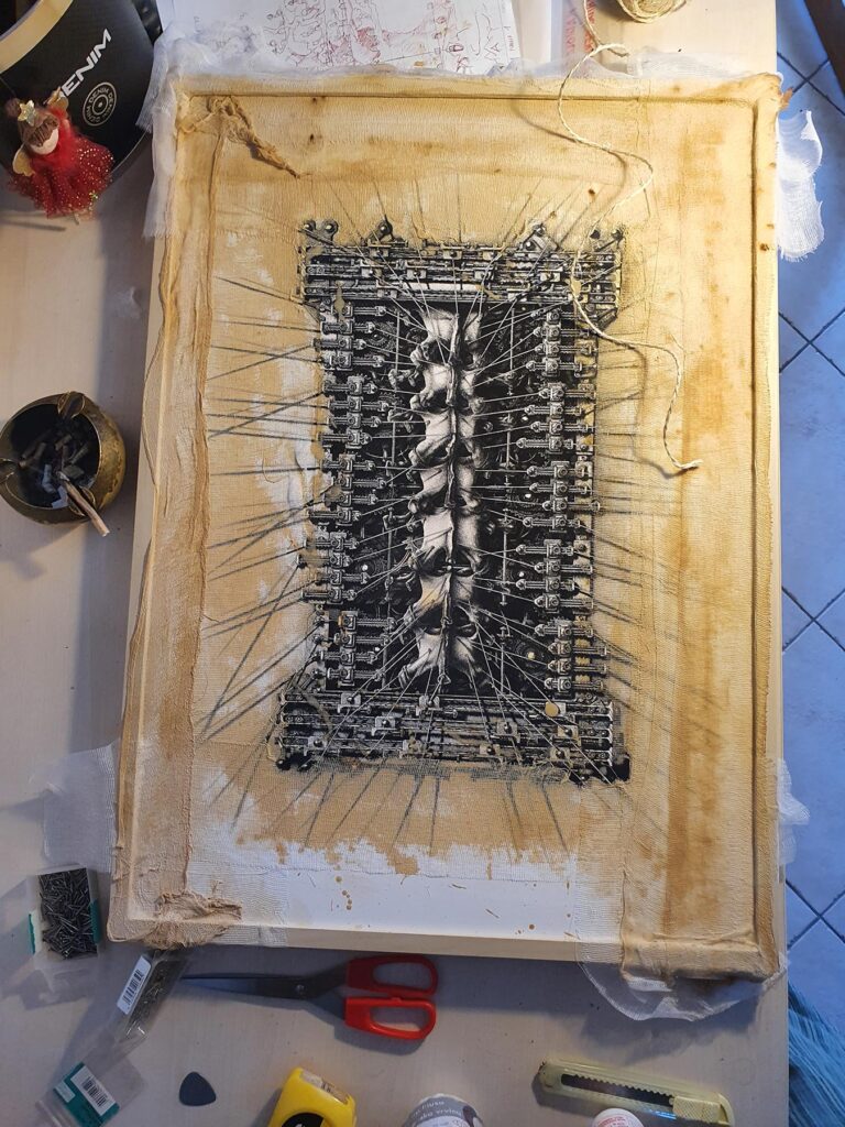 First image taken during the creation of "Surgical Reliquary 2," a mixed-media painting