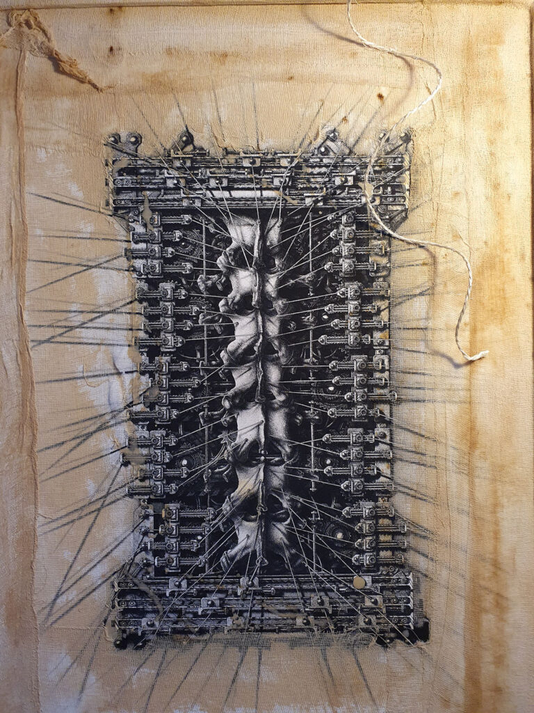 Reliquiario-Chirurgico-2-process-03 Detail of the creation technique of u0022Surgical Reliquary 2,u0022 a mixed media painting by Massimo Cravich
