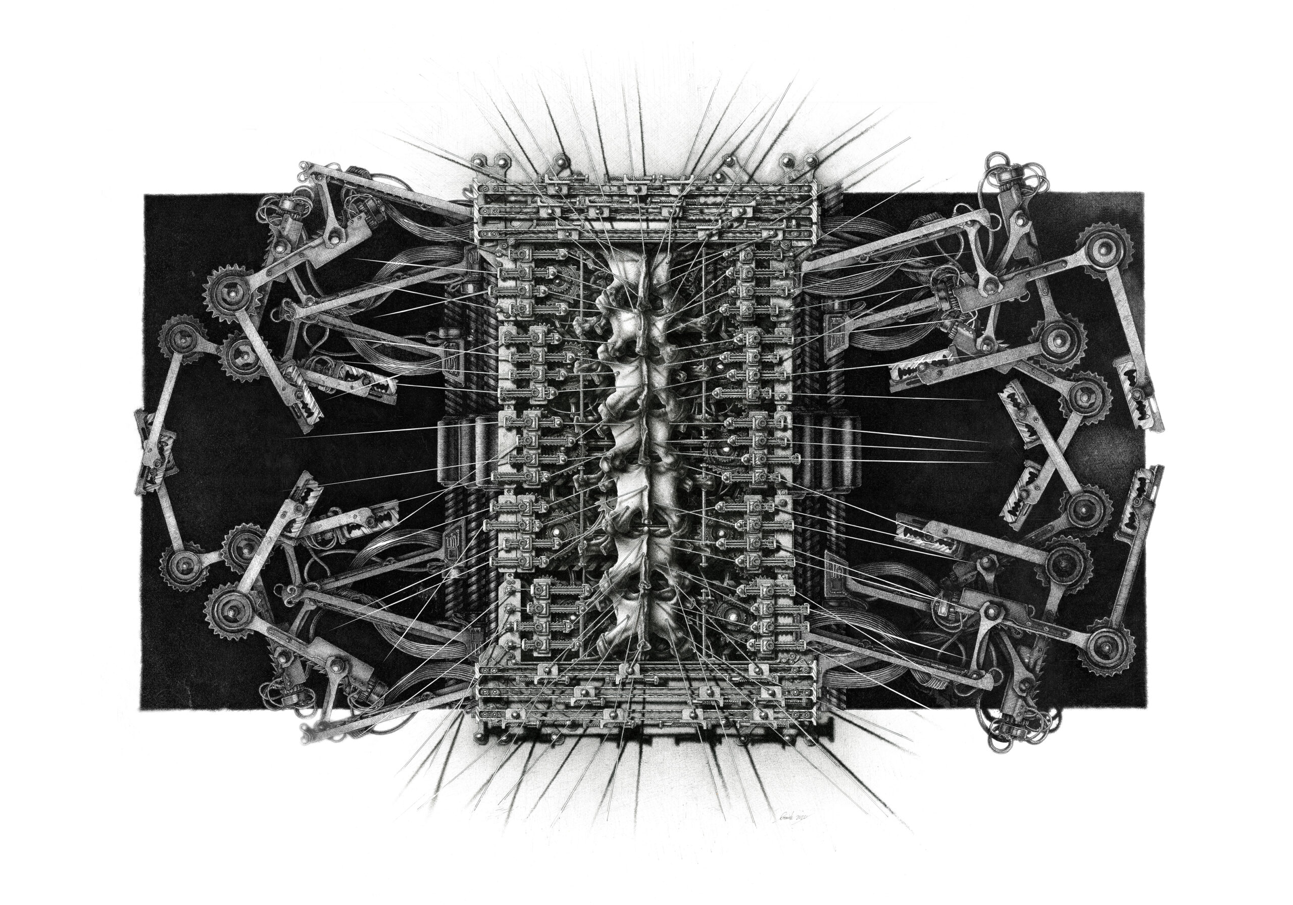 Surgical Reliquary 7. Fine Art Giclée print obtained by digitally processing two original ink drawings.