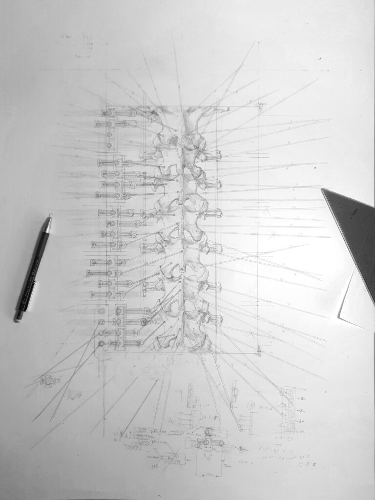 Initial sketching of the "Surgical Reliquary number one" ink artwork by massimo cravich