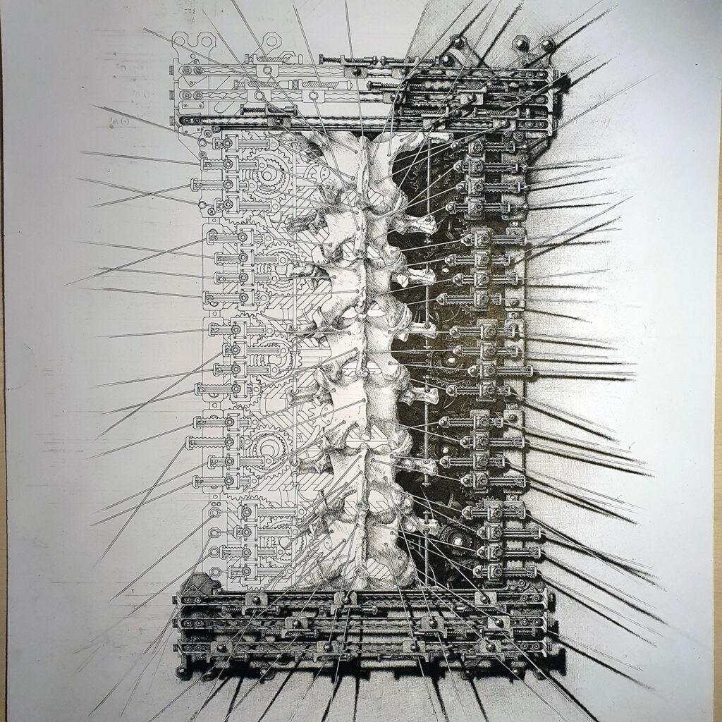 An image of surgical reliquary drawing number one showing the work halfway through.