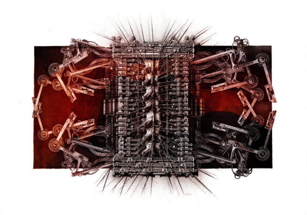 Fine Art Giclée print obtained by digitally processing an original ink drawing by Massimo Cravich, titled Surgical Reliquary 6.