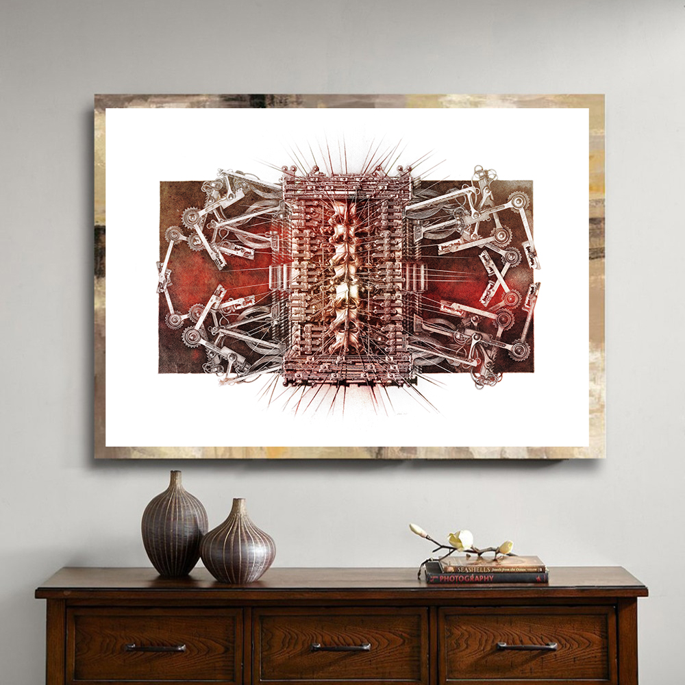 Setting up surgical reliquary drawing number six in a living room setting to visualize the effect.
