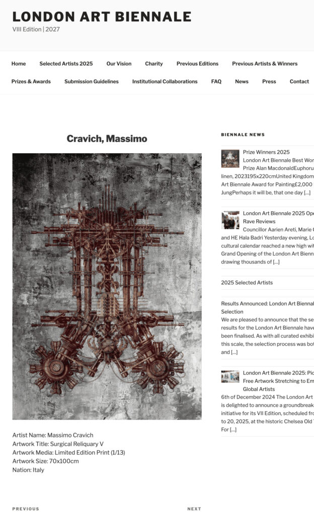 Screenshot 2026-03-29 alle 20.10.32 Image from the London Biennale 2023 catalogue featuring Massimo Cravich's work Reliquario Cgirurgico 5