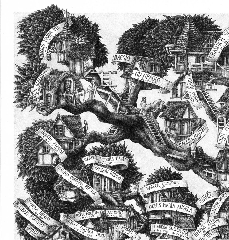 A fantasy image with people and buildings built on a tree in a family tree illustration by Massimo Cravich