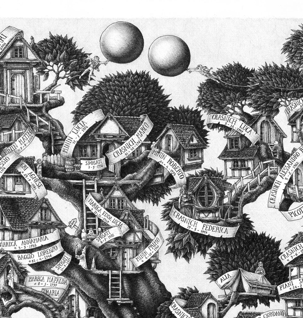 Figures flying in the air with balloons atop a family tree drawing by Massimo Cravich