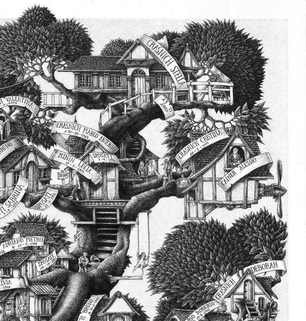 Houses and paths along the branches of a family tree drawing in ink by Massimo Cravich