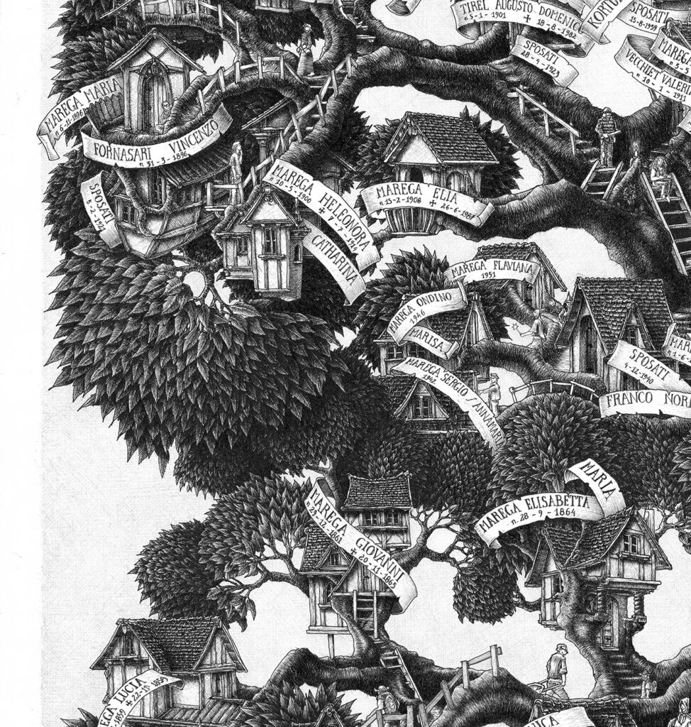 Intricate branching of a family tree drawing hand-drawn by Massimo Cravich