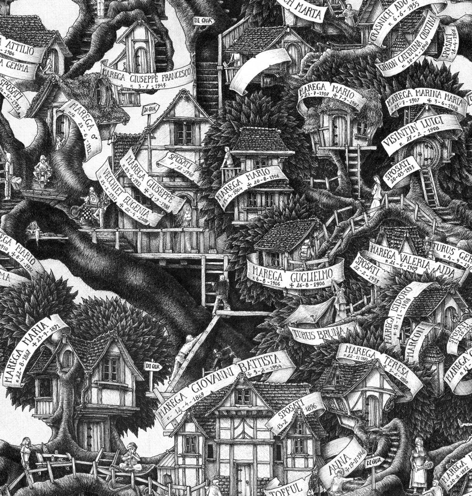 Fantastic scenes with buildings and people drawn within a family tree in ink by Massimo Cravich