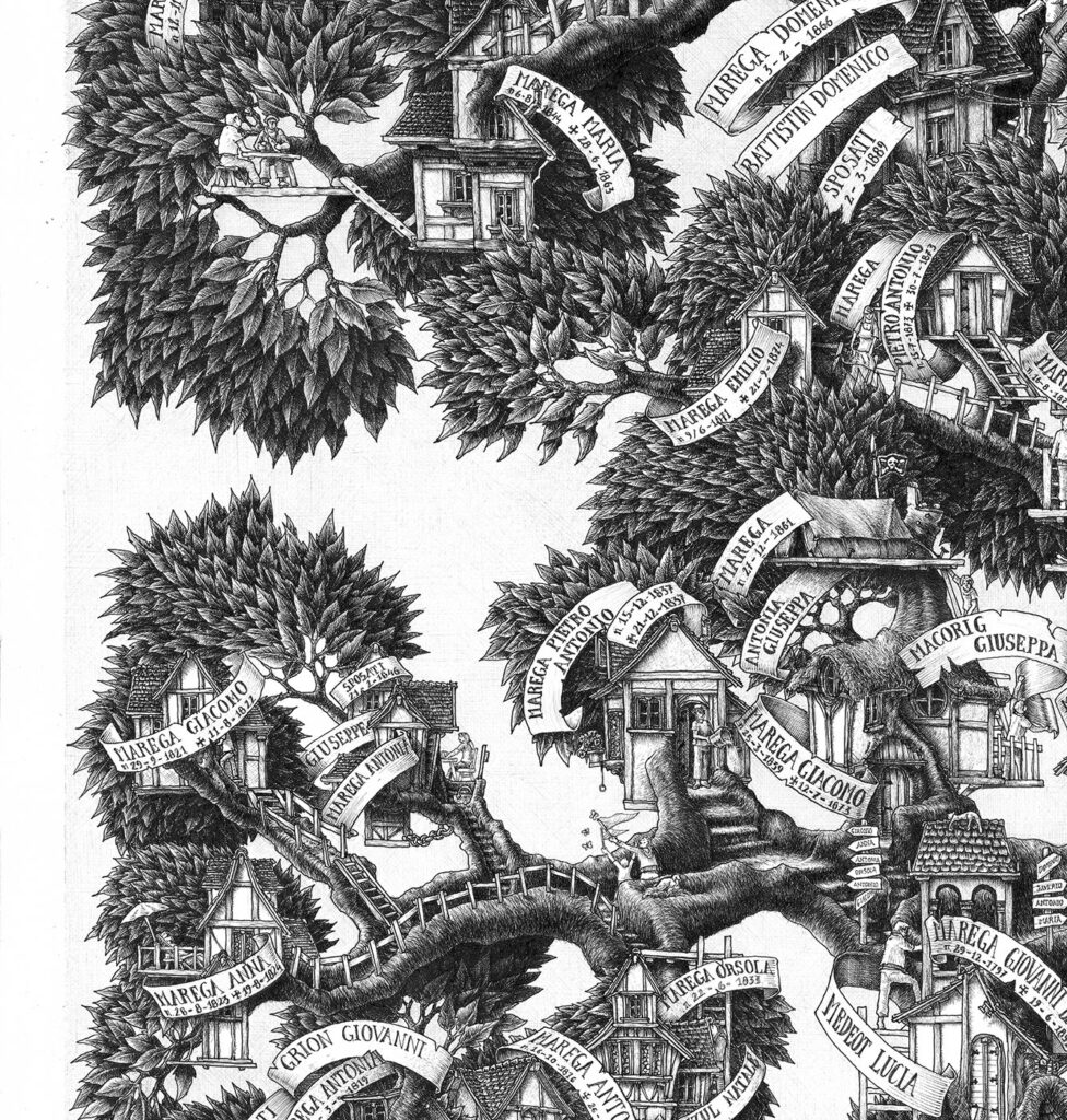 Fantasy scenes with imaginary characters decorating a family tree drawing hand-drawn by Massimo Cravich