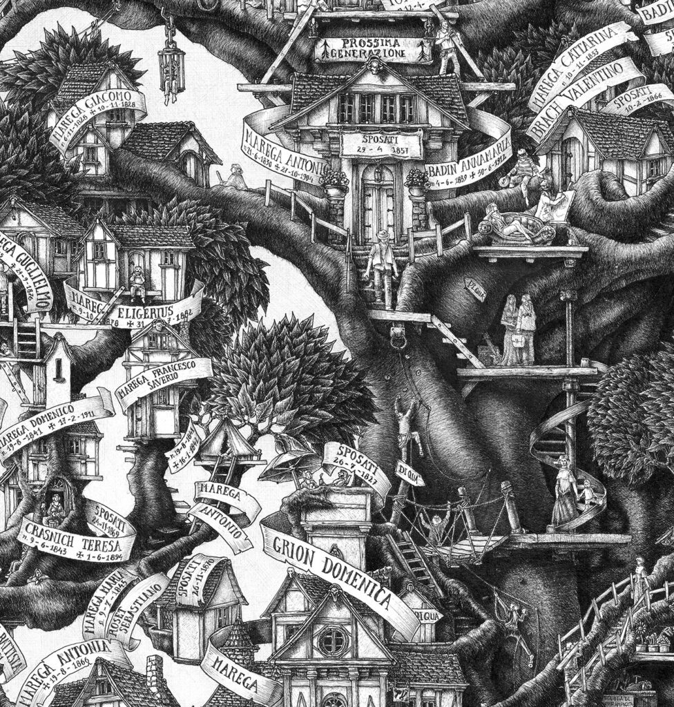 Central part of a family tree illustration hand-drawn in ink by Massimo Cravich