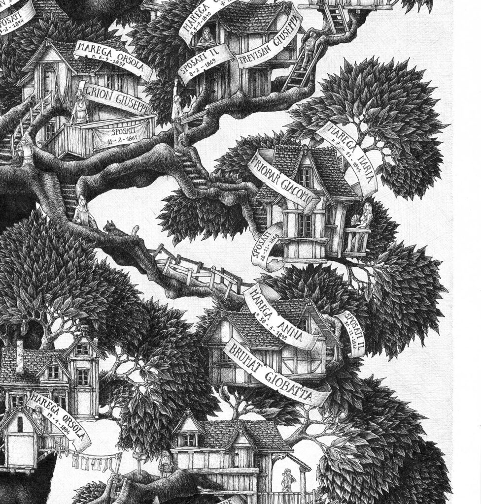 Detail of a large ink drawing depicting the family tree of an Italian family