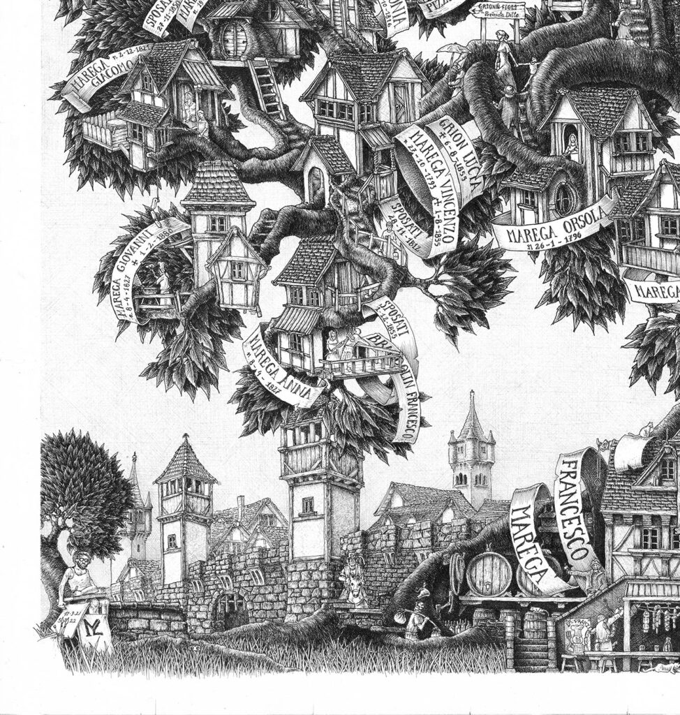 Detail of the bottom margin Left side of a huge hand-drawn family tree with a detail depicting the artist drawing it.