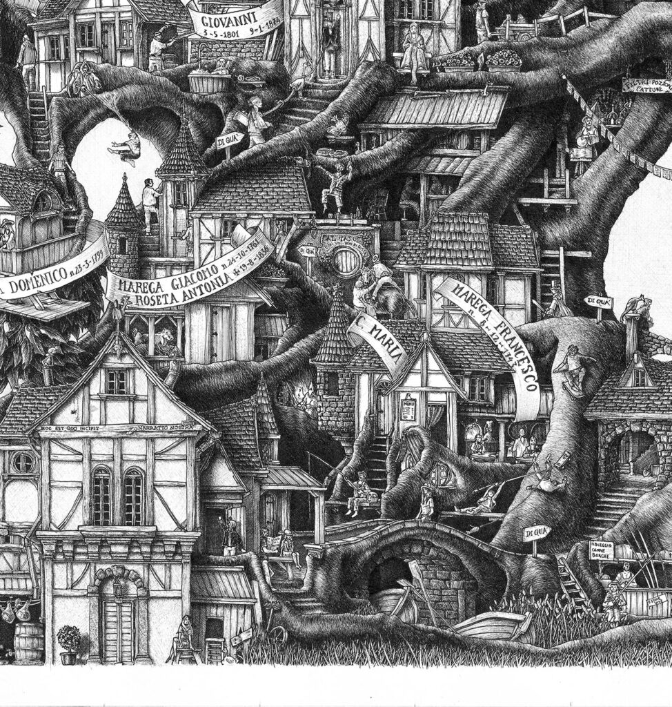 The starting point of the large family tree hand-drawn in ink by Italian artist Massimo Cravich.