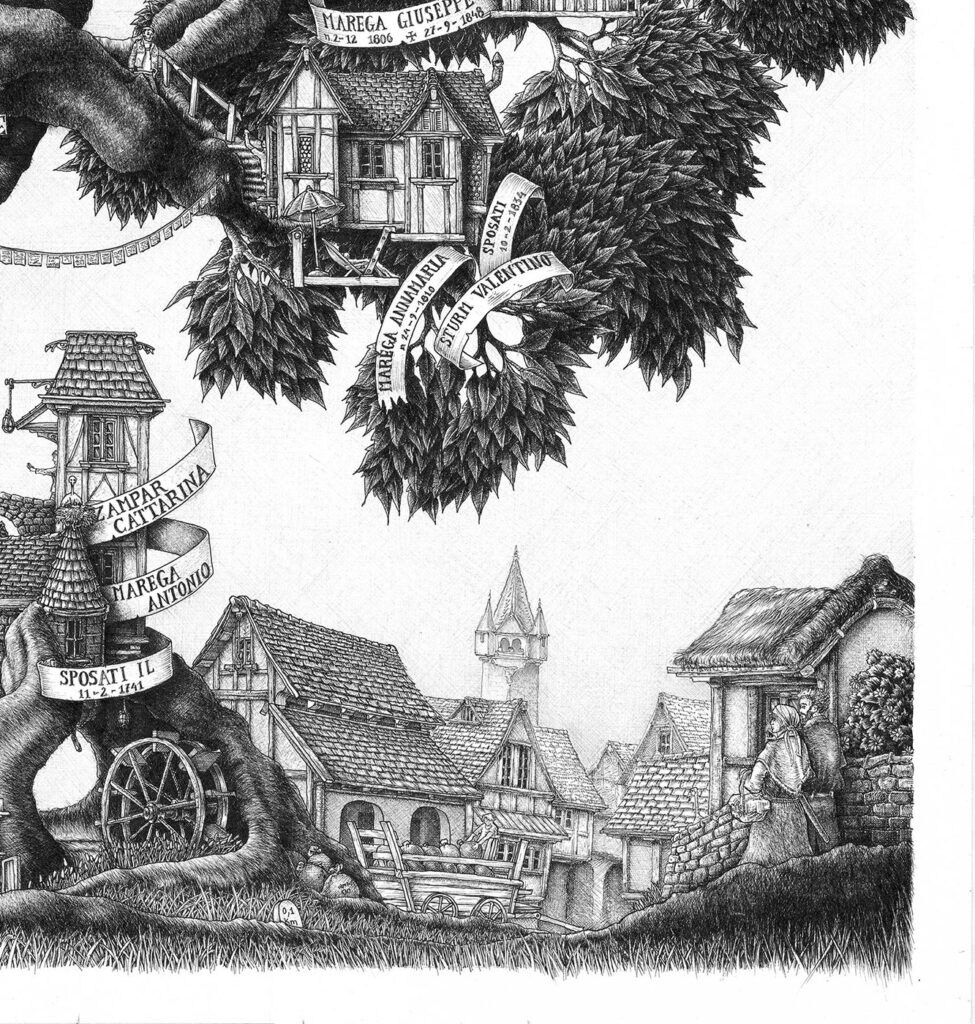 Detail of a large ink work commissioned by an Italian family, depicting their family tree.