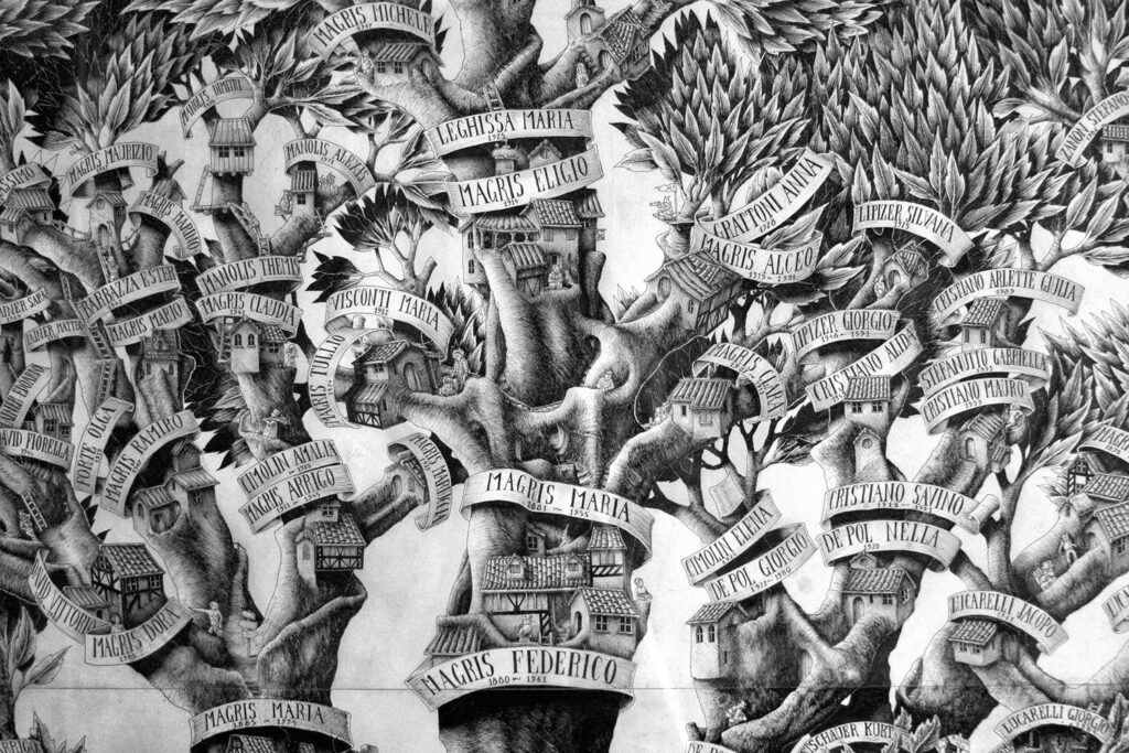 Fantasy views with human figures and houses constructed within a family tree illustration by Massimo Cravich