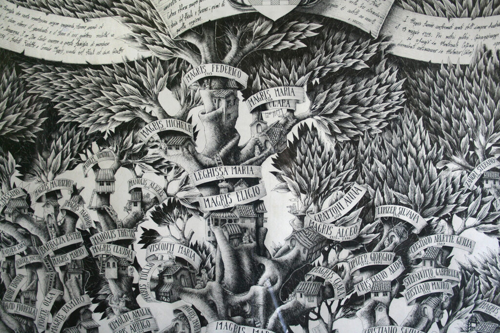 Figures with heraldic motifs for the top of a family tree drawing by Massimo Cravich