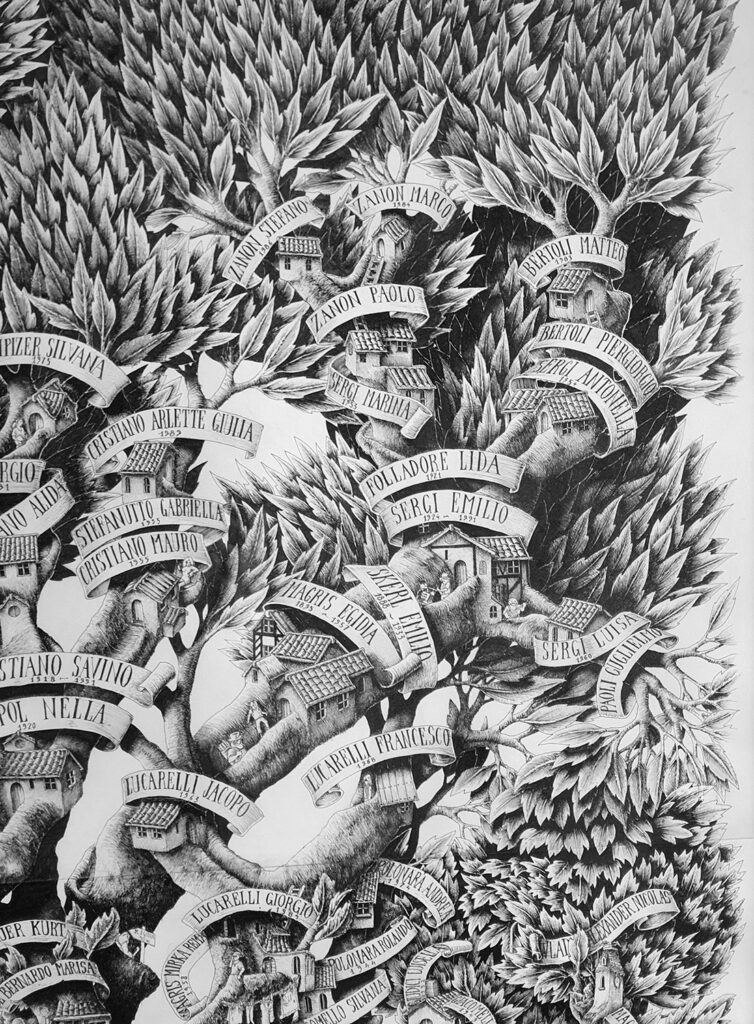 View of branches and leaves with houses, paths, and figures in an ink drawing of a family tree by Massimo Cravich