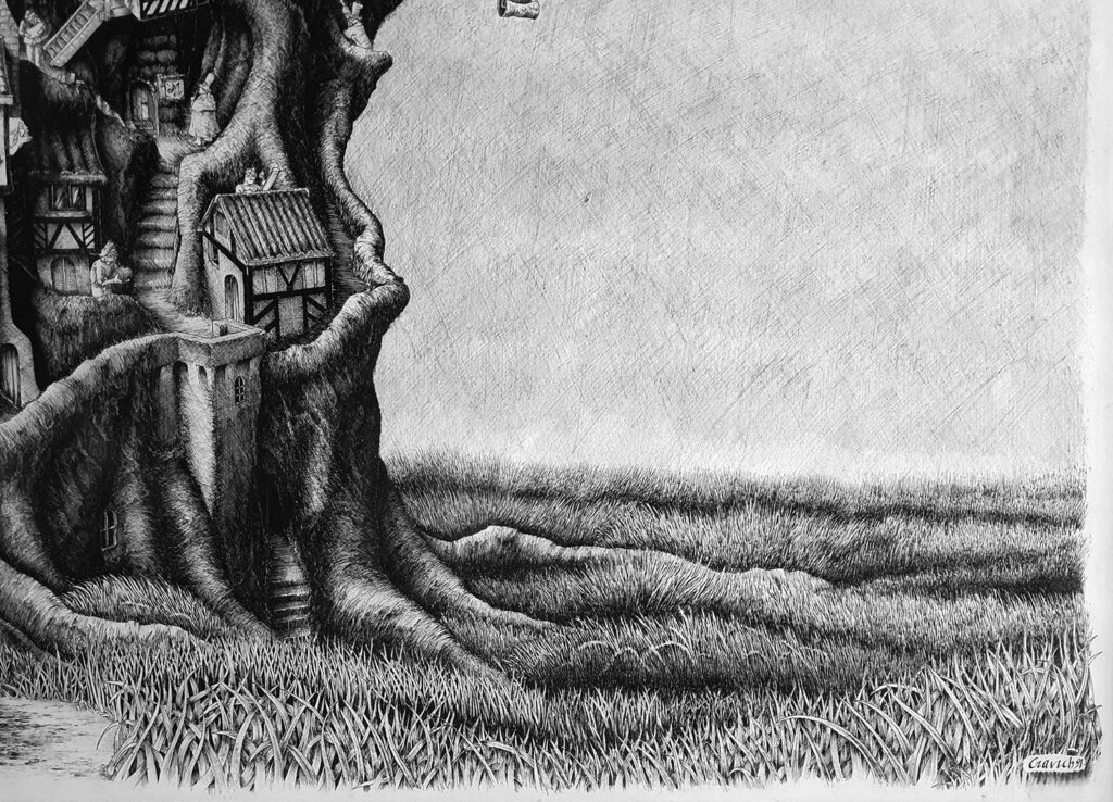 First half of the base of a tree trunk drawn to represent it as a family tree by the artist Massimo Cravich