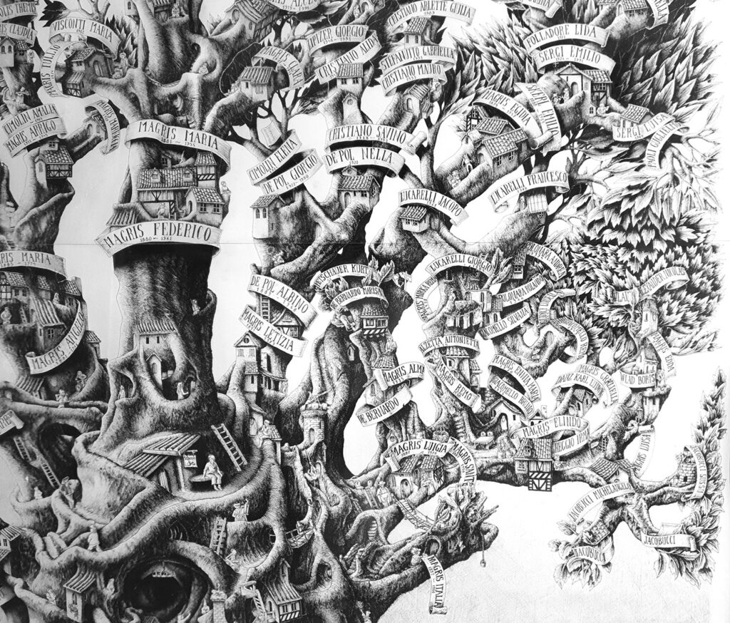 Extensive ramifications of a trunk drawn to show the family tree of an ancient Italian family