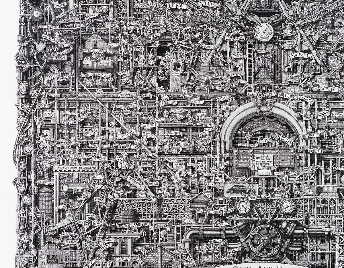 Close-up detail of musicians and urban landscape in “The Great Rock and Roll History 1900–1974” ink drawing