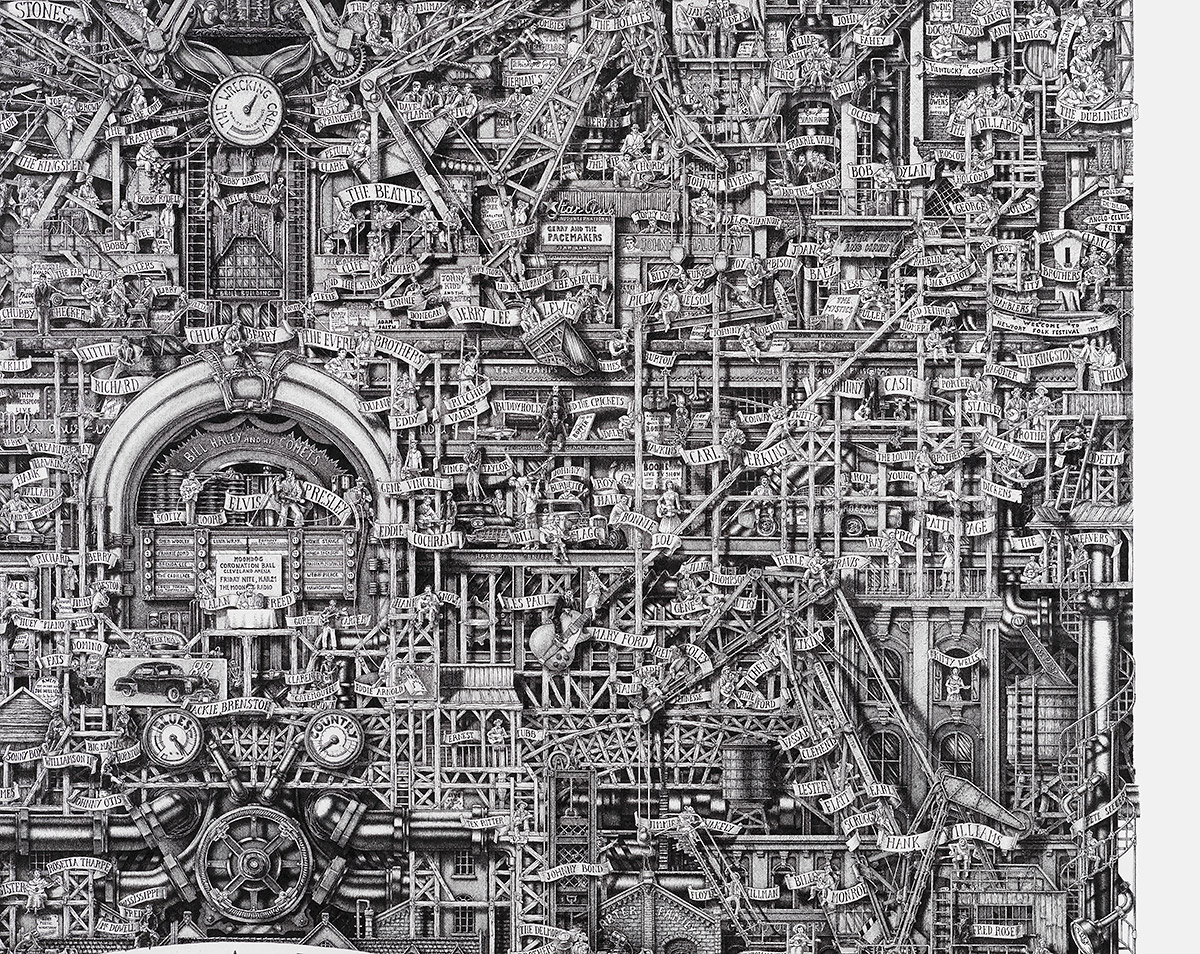 Detail of architectural and musical elements in urban contest from "the great rock and roll history" ink artwork by italian artist Massimo Cravich