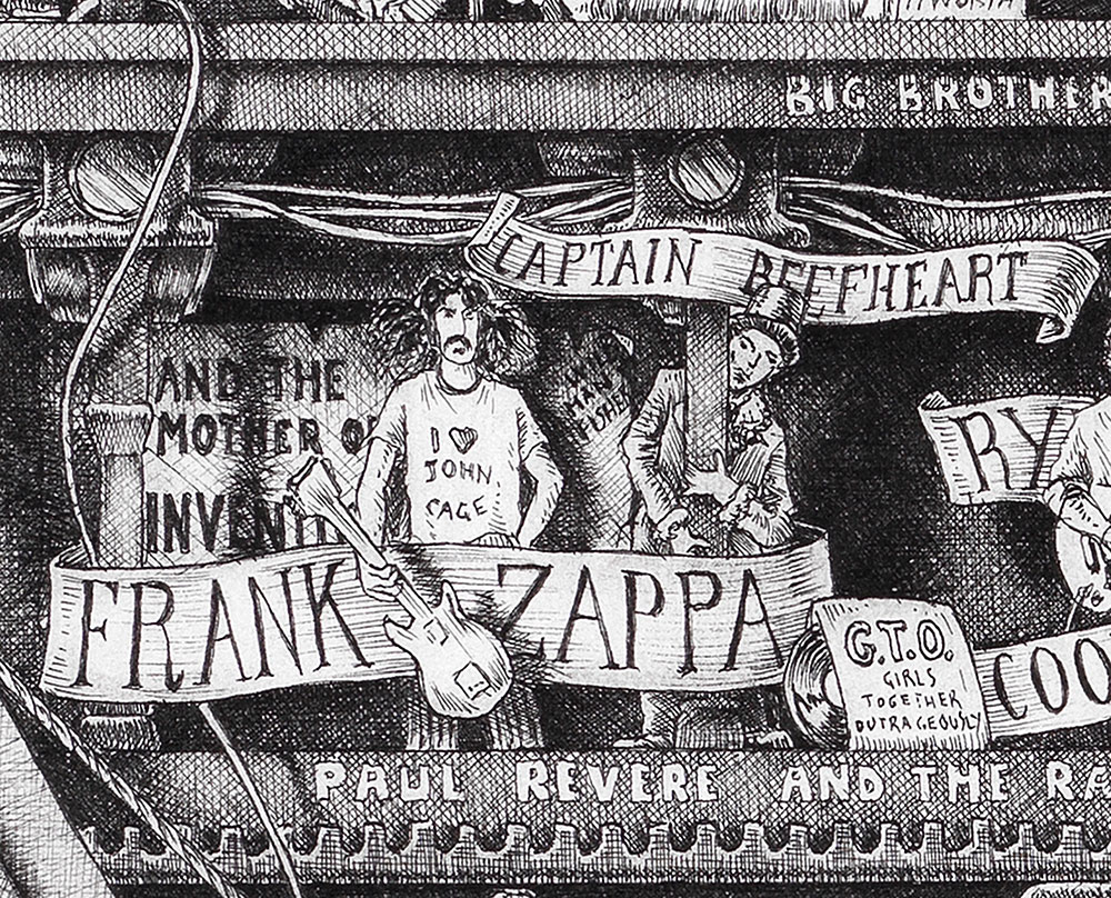 Immagine originale in bianco e nero raffigurante Frank Zappa tratto da The Great Rock and Roll History di Massimo Cravich