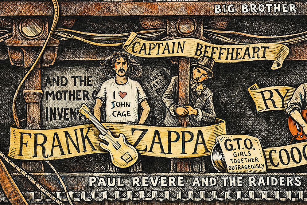 Color illustration depicting Frank Zappa from the drawing "The Great Rock and Roll History" by Massimo Cravich